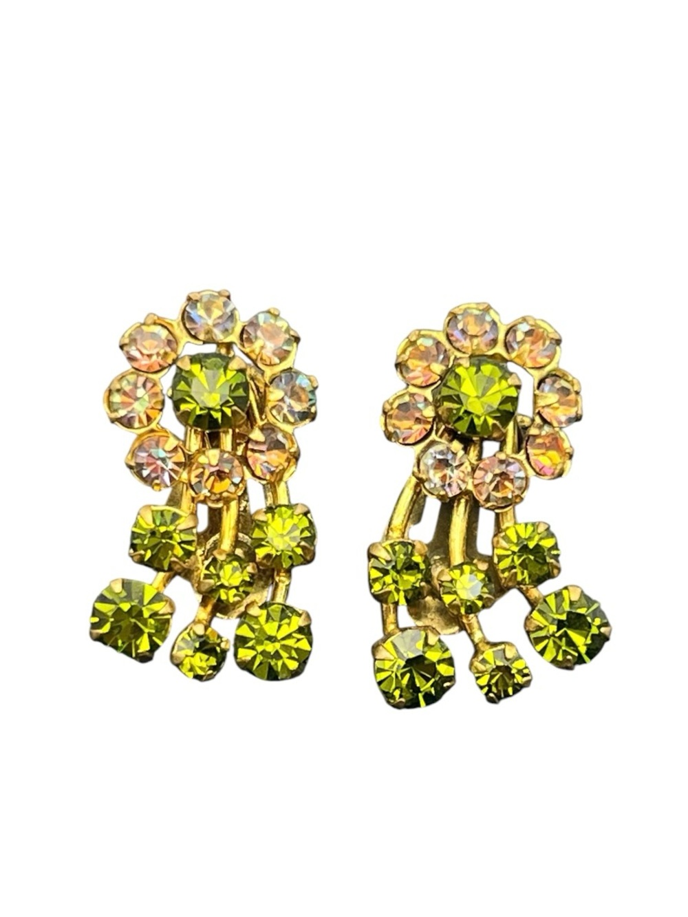 Austria green & light brown rhinestone cluster flower gold tone clip on earrings